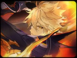 1boy alternate_form antenna_hair black_shirt blonde_hair clawed_gauntlets fighting_stance hair_between_eyes hashtag-only_commentary honkai:_star_rail honkai_(series) hush_(xoxo_hush) incoming_attack looking_at_viewer male_focus messy_hair phainon_(honkai:_star_rail) shirt short_hair solo torn_clothes torn_shirt yellow_eyes