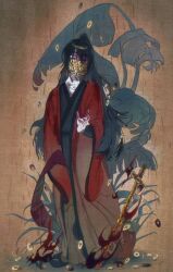 Rule 34 | 1boy, bamboo slips, bandaged chest, bandaged neck, bandages, black hair, black hanfu, blood, blood on clothes, blood on face, blood on hands, bloody bandages, burning, chinese clothes, chinese commentary, coat, coin, coin mask, coin on string, coin sword, covered mouth, dao gui yi xian, faux traditional media, fire, full body, hand up, hanfu, holding, holding scroll, holed coin, injury, leaf, li huowang, long hair, long sleeves, looking at viewer, male focus, mask, mouth veil, one eye closed, pale skin, plant, planted, planted sword, planted weapon, ponytail, rain, raining blood, red coat, robe, ruoye (cang678112), scroll, sleeves past wrists, solo, standing, sword, veil, very long hair, weapon, wide sleeves