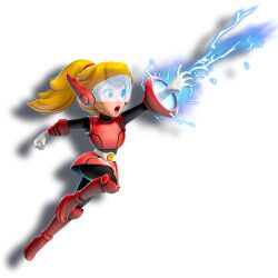 1girl belt blonde_hair blue_eyes boots electricity energy_weapon full_body gloves mario_(series) mighty_peach nintendo official_art ponytail power_suit princess_peach princess_peach:_showtime! skirt visor_cap white_background