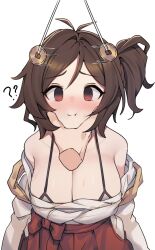 1girl @_@ aa211108 bare_shoulders blush bra breasts brown_hair cleavage collarbone domyoji_karin hakama highres hypnosis idolmaster idolmaster_cinderella_girls japanese_clothes kimono large_breasts miko mind_control pendulum red_eyes red_hakama short_hair side_ponytail underwear white_kimono