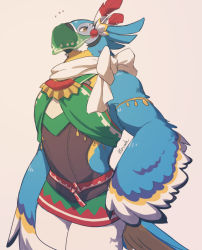 1boy arabian_clothes arm_at_side armlet bad_id bad_pixiv_id blush brown_background brown_eyes feathers flying_sweatdrops furry furry_male hand_on_own_hip jewelry kass looking_at_viewer male_focus meganemido nintendo rito scarf see-through_clothes signature simple_background standing the_legend_of_zelda the_legend_of_zelda:_breath_of_the_wild white_scarf