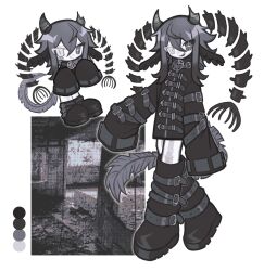 1boy adoptable androgynous animal_ears antennae belt black_boots boots broken_horn chibi chibi_inset collar color_guide goth_fashion gradient_hair grey_theme greyscale heterochromia highres horns knee_boots monochrome multicolored_hair multiple_belts original pentagram_necklace reference_sheet see-through_body sleeves_past_fingers sleeves_past_wrists tail too_many too_many_belts very_long_sleeves yappari