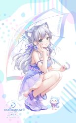 1girl animal_ear_fluff animal_ears bare_shoulders blue_eyes blush boots bow breasts cat cat_ears collarbone dress flower frills grey_hair hair_ornament highres holding holding_umbrella hood long_hair looking_at_viewer medium_breasts open_mouth original purple_dress ribbon sakura_moyon smile umbrella