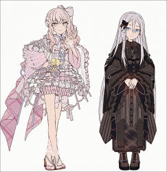 1girl 1other adapted_costume akiyama_mizuki black_dress blue_eyes bow brown_shoes closed_mouth crossed_legs dress frilled_dress frills grey_background grey_bow grey_dress grey_hair hair_between_eyes hair_bow hakusai_(tiahszld) hand_up high_heels highres index_finger_raised itsuka_zetsubou_no_soko_kara_(project_sekai) long_hair long_sleeves own_hands_together pink_hair project_sekai red_eyes revision secret_distance_(project_sekai) shoes side_ponytail sidelocks simple_background smile standing very_long_hair wide_sleeves yoisaki_kanade