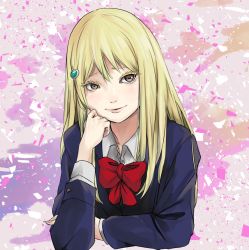 10s blonde_hair bow brown_eyes hand_on_own_arm head_rest hidaka_koharu high_score_girl highres long_hair long_sleeves looking_at_viewer pink_background red_bow solo upper_body