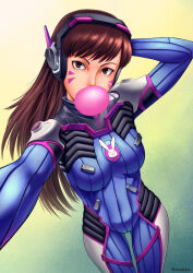 1girl animal_print arm_behind_head artist_name blue_bodysuit bodysuit breasts brown_eyes brown_hair chewing_gum commentary d.va_(overwatch) facial_tattoo highres long_hair looking_at_viewer medium_breasts overwatch rabbit_print shinsaku_(stan-art) solo tattoo