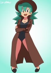 Rule 34 | 1girl, absurdres, aged down, alternate costume, breasts, brown eyes, crossed arms, detective, detective hat, green hair, hat, highres, jenny (pokemon), long coat, marble (pokemon), nintendo, oppai loli, orange eyes, pokemon, pokemon (anime), pokemon dp059, pokemon dppt (anime), shoes, smile, swimsuit, swimsuit under clothes