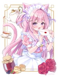 Rule 34 | 1girl, absurdres, animal ears, apron, berry, blush, bow, breasts, cat ears, cat girl, cat tail, cup, dress, flower, hair between eyes, hair bow, hair ornament, highres, holding, holding letter, jam, jar, letter, long hair, looking at viewer, maid, maid apron, maid headdress, natsuk1tom, original, pink dress, pink hair, pouring, purple eyes, smile, solo, tail, tea, teacup, teapot, white apron, wrist cuffs