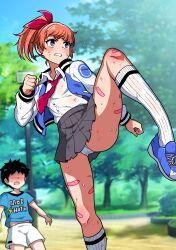 1boy 1girl bandaid blue_eyes blush fighting_stance highres irishirasu jacket kunio-kun_series kyoko_(kunio-kun) necktie open_clothes open_jacket panties ponytail river_city_girls shoes skirt tree underwear upskirt white_panties