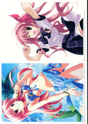 Rule 34 | 1girl, 2011, absurdres, antenna hair, arms up, beach, bikini, bikini skirt, black thighhighs, blue bikini, blue sky, blush, bow, bowtie, bracelet, breasts, chaos;head, chaos;head love chu chu!, clothes lift, cloud, cloudy sky, collared shirt, dated, ears visible through hair, exif rotation, floating clothes, floral print, food, frilled skirt, frills, from below, front-tie bikini top, front-tie top, gluteal fold, grin, groin, hair ribbon, happy, highres, holding, holding food, holding ice cream, ice cream, jacket, jewelry, long hair, looking at viewer, matsuo yukihiro, navel, non-web source, official art, one eye closed, one side up, open mouth, palm tree, petticoat, pink eyes, pink hair, plaid bow, plaid bowtie, plaid clothes, plaid skirt, plaid sleeves, purple bow, purple bowtie, purple skirt, purple sleeves, ribbon, sakihata rimi, sasaki mutsumi, school emblem, school uniform, shirt, short sleeves, side ponytail, simple background, skirt, skirt lift, sky, smile, solo, stomach, stray hair, stretching, suimei academy, suimei school uniform, suimei summer uniform, sunlight, sweat, sweatdrop, swimsuit, teeth, thighhighs, thighs, tongue, tree, underbutt, upper teeth only, upskirt, white background, white petticoat, white shirt