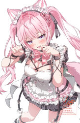 1girl absurdres animal_ears antenna_hair apron belt black_belt black_dress blush breasts cleavage dress frilled_apron frilled_dress frills hakui_koyori hakui_koyori_(dark_maid) highres hishaku_(hkthsk527) hololive large_breasts long_hair looking_at_viewer maid maid_apron maid_headdress official_alternate_costume paw_pose pink_hair puffy_sleeves purple_eyes simple_background smile solo tail twintails virtual_youtuber waist_apron white_apron white_background wolf_ears wolf_girl wolf_tail wrist_cuffs