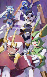 1girl 4boys armor blue_armor blue_helmet brother_and_sister brothers copy_x_(mega_man) dwn0001130 facial_mark fairy_leviathan_(mega_man) fighting_fefnir_(mega_man) fins forehead_jewel green_armor green_eyes green_helmet group_picture head_fins helmet hidden_phantom_(mega_man) highres horns mechanical_wings mega_man_(series) mega_man_zero_(series) multiple_boys one_eye_closed purple_armor purple_eyes purple_helmet red_armor red_eyes red_helmet sage_harpuia_(mega_man) siblings sitting standing throne vernier_thrusters winged_helmet wings