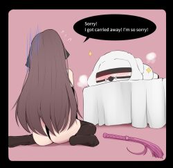 1other animal_ears black_border black_gloves black_hair black_leotard black_thighhighs border commentary commission elbow_gloves english_commentary estelle_(vtuber) facing_away gloves indie_virtual_youtuber katsuten leotard long_hair mixed-language_commentary pink_background sheep_ears sheep_girl simple_background sitting skeb_commission speech_bubble thighhighs thong_leotard virtual_youtuber wariza whip