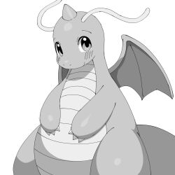 antennae blush dragonite gen_1_pokemon greyscale highres ino_eye looking_at_viewer monochrome nintendo no_humans pokemon pokemon_(creature) simple_background solo white_background wings