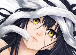 1girl black_hair close-up closed_mouth collarbone hair_between_eyes izumi_(toubun_kata) lips long_hair looking_at_viewer lying mieruko-chan official_art on_back portrait simple_background solo tears yellow_eyes yotsuya_miko