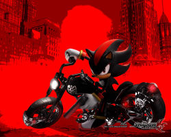 1boy 3d animal_ears animal_nose black_fur bracelet city closed_mouth copyright_name copyright_notice furry furry_male gloves gun hedgehog holding holding_gun holding_weapon jewelry logo looking_at_viewer male_focus motor_vehicle motorcycle multicolored_fur official_art pointy_nose red_eyes red_fur sega shadow_the_hedgehog shadow_the_hedgehog_(game) shoes solo sonic_(series) vehicle weapon white_fur white_gloves