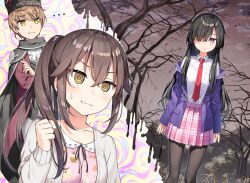 Rule 34 | 1boy, 2girls, @ @, abaddon (sasaki to p-chan), bare tree, black hair, blazer, blush, breasts, brown eyes, brown hair, clenched hand, closed mouth, collarbone, cowboy shot, crown, expressionless, hair between eyes, hair over one eye, jacket, kantoku, kareki ochiba (sasaki to p-chan), long hair, long sleeves, looking at viewer, low-tied sidelocks, miniskirt, multicolored hair, multiple girls, necktie, one eye covered, otonari-san (sasaki to p-chan), outdoors, pantyhose, pleated skirt, ponytail, red eyes, red necktie, sasaki to p-chan, school uniform, short hair, sidelocks, skirt, smile, standing, streaked hair, sweatdrop, tree, v-shaped eyebrows
