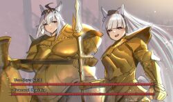 2girls :d ahoge animal_ears armor artist_name blue_eyes breastplate commentary cosplay dark_souls_(series) dark_souls_i dragon_slayer_ornstein dragon_slayer_ornstein_(cosplay) drooling english_commentary executioner_smough executioner_smough_(cosplay) gameplay_mechanics gauntlets gold_armor gold_ship_(umamusume) greaves hammer hat health_bar highres holding holding_hammer holding_polearm holding_weapon horse_ears horse_girl huge_weapon long_hair looking_at_viewer multiple_girls oguri_cap_(umamusume) open_mouth parody pauldrons pillbox_hat polearm ponytail purple_eyes shoulder_armor smile spear spiked_pauldrons twitter_username umamusume weapon white_hair