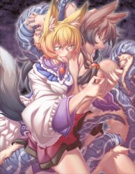 2girls absurdres alternate_tail animal_ears blonde_hair blush breasts commission dress fox_ears fox_girl fox_tail grabbing_another&#039;s_breast grabbing_from_behind groping highres imaizumi_kagerou large_breasts multiple_girls nipple_stimulation nipple_tweak nipples restrained skeb_commission tail tongue tongue_out touhou wolf_ears wolf_girl wolf_tail yakumo_ran zawa_(zawzawranran2)