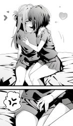 2girls anger_vein blush braid closed_eyes commentary french_braid grabbing_another&#039;s_breast greyscale groping hand_on_another&#039;s_shoulder heart highres kiss long_hair lwmina70119 medium_hair miyagi_shiori monochrome multiple_girls on_bed pleated_skirt sendai_hazuki short_sleeves shorts shuuniichido_classmate_wo_kau_hanashi sitting skirt spoken_anger_vein yuri