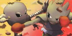 absurdres black_sclera boxing_gloves colored_sclera fighting gen_1_pokemon gloves gradient_background highres hitmonchan hitmonlee kicking looking_at_another motion_blur nintendo pokemon pokemon_(creature) punching red_background red_gloves spicyichizo two-tone_background yellow_background