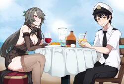 1boy 1girl :d alcohol asymmetrical_gloves black_dress black_gloves black_hair black_necktie black_pants black_thighhighs blue_sky bottle breasts captain_(honkai_impact) cleavage cosplay cup dress drinking_glass flower food fruit gloves grey_hair heart hetero highres honkai_(series) honkai_impact_3rd juice long_hair milliani mismatched_gloves necktie open_mouth orange_(fruit) orange_eyes orange_juice outdoors pants pink_hair short_hair short_sleeves sitting sky smile table textless_version thighhighs very_long_hair vita_(honkai_impact) white_flower wine wine_bottle wine_glass