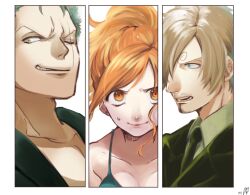 1girl 2boys close-up commentary_request curry_gohan facial_hair formal_clothes goatee hair_bun hair_over_one_eye multiple_boys nami_(one_piece) necktie one_eye_closed one_piece orange_eyes orange_hair roronoa_zoro sanji_(one_piece) scar scar_across_eye scar_on_face short_hair smile suit sweatdrop v-shaped_eyebrows