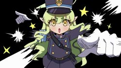 1girl :3 :o afterimage animated animated_gif armband black_jacket black_skirt black_tail blue_archive blue_armband buttons cowboy_shot demon_tail double-breasted foreshortening gloves green_hair green_halo halo hat highres hikari_(blue_archive) jacket long_hair looking_at_viewer looping_animation peaked_cap pleated_skirt pointing pointing_at_viewer pointy_ears short_eyebrows skirt solo standing straight-on tail thick_eyebrows train_conductor v-shaped_eyebrows white_gloves yellow_eyes zeroku77