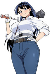 1girl arato_nagi belt between_breasts black_hair blue_eyes blue_pants breasts collared_shirt commentary_request cowboy_shot denim dress_shirt earrings gloves hammer hand_on_own_hip highres holding holding_hammer jeans jewelry large_breasts long_hair pants ruri_no_houseki shirt shirt_tucked_in smile solo strap_between_breasts stud_earrings takuji_yuusaku white_gloves white_shirt work_gloves