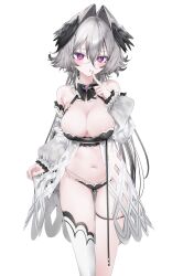 1girl artist_request bare_shoulders black_bra black_panties bra breasts detached_collar detached_sleeves finger_to_mouth grey_hair head_wings highres indie_virtual_youtuber large_breasts long_hair looking_at_viewer navel panties red_eyes richamu second-party_source simple_background single_thighhigh thigh_strap thighhighs underwear white_background wings