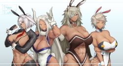 4girls abs absurdres animal_ear_fluff animal_ears arm_under_breasts armpits arms_up between_breasts biceps bikini black_bikini black_gloves blazblue blue_eyes blush boku_no_hero_academia breasts bullet_(blazblue) caenis_(fate) cleavage crossover dark-skinned_female dark_skin detached_collar detached_sleeves eyepatch fake_animal_ears fake_tail fate/grand_order fate_(series) female_focus fingerless_gloves ghislaine_dedoldia gloves grabbing_another&#039;s_breast grey_hair grin groping hair_intakes happy_easter highleg highleg_leotard highleg_panties highres large_breasts leotard looking_at_viewer meme_attire micro_bikini mirko multiple_girls muscular muscular_female mushoku_tensei nail_polish navel necktie necktie_between_breasts novum one_eye_closed panties parted_lips rabbit_ears rabbit_tail red_eyes red_necktie reverse_bunnysuit reverse_outfit scar short_hair shrug_(clothing) simple_background smile spiked_hair swimsuit tail teeth trait_connection underwear white_gloves white_hair white_leotard white_nails wrist_cuffs