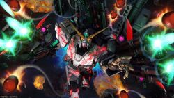absurdres battle beam_cannon company_name contrail copyright_notice energy energy_beam explosion firing full_armor_unicorn_gundam glowing gundam gundam_battle_operation_2 gundam_unicorn highres itano_circus machinery mecha mecha_focus missile missile_pod mobile_suit nebula official_art painting_(medium) reaching reaching_towards_viewer realistic robot scan science_fiction solo space sunrise_(company) tenjin_hidetaka thrusters traditional_media unicorn_gundam v-fin
