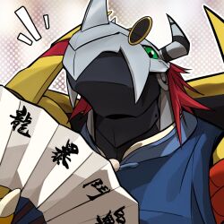 1boy digimon digimon_(creature) dragon green_eyes hand_fan helmet highres horns looking_at_viewer male_focus ottarshuigou solo upper_body wargreymon
