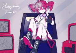 1girl birthday blackcatpancake boots character_name crt drill_hair grin happy_birthday highres kasane_teto kasane_teto_(sv) knees lace-up_boots looking_at_viewer red_eyes red_hair shoes sitting skirt smile solo synthesizer_v thighs