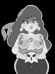 Rule 34 | 1girl, absurdres, afterimage, bandana, bare shoulders, belt buckle, black background, blush, bouncing breasts, breasts, breasts apart, buckle, cameltoe, captain syrup, clothes pull, collarbone, commission, cowboy shot, earrings, eyeshadow, female focus, flashing, gluteal fold, greyscale, half-closed eyes, happy, highres, jewelry, large breasts, lips, lipstick, long hair, looking at viewer, makeup, mario (series), monochrome, motion lines, necklace, nintendo, nipples, outline, pants, parted lips, pulling own clothes, rockthebull, shirt pull, simple background, skull belt, smile, solo, standing, thick thighs, thighs, wario land, wario land: shake it!, white outline, wide hips