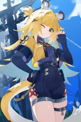 1girl absurdres animal_ear_fluff animal_ears black_gloves blonde_hair blue_sky closed_mouth cloud cowboy_shot cropped_jacket day elbow_gloves fingerless_gloves gloves green_eyes hair_intakes hand_on_own_hip highres ju_fufu long_hair looking_at_viewer multicolored_hair one_eye_closed outdoors shenhai_xianyu_fan shirt short_sleeves sky solo suspenders tail thigh_strap tiger_ears tiger_tail zenless_zone_zero