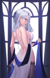 1girl absurdres alternate_costume backless_dress backless_outfit black_thighhighs breasts dress eienart grey_eyes grey_hair highres long_hair looking_at_viewer monarch_(amalee) open_mouth sideboob smile solo thighhighs virtual_youtuber vshojo white_dress