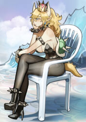 1girl absurdres armlet black_pantyhose blonde_hair bowser bowsette bracelet breasts chair collar crossed_legs crown devil_may_cry_(series) devil_may_cry_5 genderswap genderswap_(mtf) highres jewelry large_breasts legs leotard long_hair mario_(series) meme miao_jiangyou monobloc_(chair) new_super_mario_bros._u_deluxe nintendo pantyhose pointy_ears scene_reference sitting spiked_armlet spiked_bracelet spiked_collar spiked_shell spiked_tail spiked_thighlet spikes super_crown super_mario_bros._1 tail turtle_shell vergil&#039;s_chair_(meme)