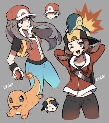 1girl 2boys 2girls backwards_hat baseball_cap breasts brown_eyes brown_hair charmander closed_mouth collarbone cosplay costume_switch cyndaquil ethan_(pokemon) gen_1_pokemon gen_2_pokemon hat highres holding jacket large_breasts leaf_(pokemon) long_hair long_sleeves looking_at_viewer lyra_(pokemon) multiple_boys multiple_girls nintendo on_head one_eye_closed open_mouth pants poke_ball poke_ball_(basic) pokemon pokemon_(creature) pokemon_frlg pokemon_hgss pokemon_on_head red_(pokemon) red_hat red_jacket shirt short_sleeves smile touyarokii twintails