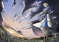 1girl ahoge armor armored_dress artoria_pendragon_(fate) blonde_hair blue_dress boots bow braid braided_bun breastplate cloud cloudy_sky dress dutch_angle excalibur_(fate/stay_night) fate/stay_night fate_(series) faulds gauntlets grass green_eyes hair_bun hair_ribbon hashtag-only_commentary holding holding_sword holding_weapon juliet_sleeves long_sleeves newbeecello outdoors planted planted_sword planted_weapon puffy_sleeves ribbon short_hair sky solo standing sunrise sword weapon wind wind_lift