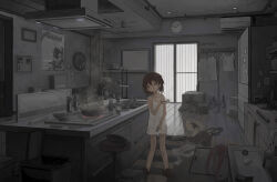 Rule 34 | 1girl, brown eyes, brown hair, cooking, dress, expressionless, full body, hatoba tsugu, highres, hot, indoors, looking at viewer, mani tamlyn, short hair, slippers, solo, tsugu (vtuber), unworn clothes, white dress