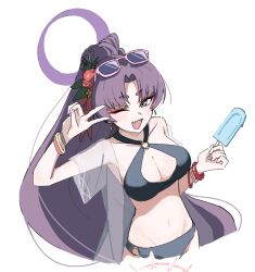 1girl bikini black_bikini blue_archive blush breasts cleavage earrings fang flower food hair_flower hair_ornament highres holding holding_food holding_popsicle jewelry kyurosuku long_hair looking_at_viewer navel official_alternate_costume official_alternate_hairstyle one_eye_closed open_mouth parted_bangs ponytail popsicle red_flower see-through_clothes see-through_shirt shirt single_bare_shoulder skin_fang solo swimsuit v yukari_(blue_archive) yukari_(swimsuit)_(blue_archive)