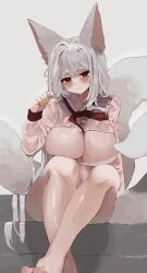 1girl absurdres animal_ears barefoot breasts cleavage commentary fox_ears fox_girl fox_tail hair_between_eyes hanbok highres huge_breasts korean_clothes long_hair multiple_tails original red_eyes red_ribbon ribbon saeda8e solo sweat tail twirling_hair very_long_hair wet wet_clothes white_hair white_hanbok