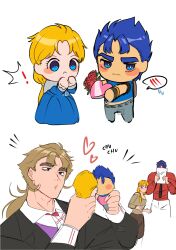 1girl 2boys 7aizagatha blonde_hair blue_eyes blue_hair blush bouquet brown_eyes brown_hair couple embarrassed erina_pendleton flower formal_clothes husband_and_wife jojo_no_kimyou_na_bouken jonathan_joestar kiss multiple_boys muscular muscular_male necktie phantom_blood robert_e._o._speedwagon stuffed_toy surprised valentine_chocolate white_background