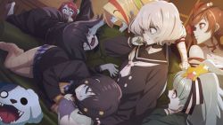 10s 6+girls bandages black_hair blonde_hair blue_hair blue_skin bow checkered_clothes checkered_kimono clenched_hand colored_skin couch dango_hair_ornament fangs food-themed_hair_ornament grabbing grey_hair hair_between_eyes hair_bow hair_ornament hair_over_one_eye hair_ribbon hand_on_another&#039;s_shoulder heart heart_in_mouth highres holding hoshikawa_lily jacket japanese_clothes jewelry kimono konno_junko lap_pillow letterman_jacket long_hair long_sleeves looking_at_viewer low_twintails lying minamoto_sakura mizuno_ai multicolored_hair multiple_girls nikaidou_saki open_mouth own_hands_together patchwork_skin plaid_clothes plaid_skirt pleated_skirt polka_dot ponytail cleaning_rag reaching reaching_towards_viewer red_eyes red_hair revision ribbon romero_(zombie_land_saga) scar scar_on_face scar_on_forehead scar_on_neck scared school_uniform short_hair skirt sleeping smile star_(symbol) star_hair_ornament stitches streaked_hair teeth twintails unknown_showhey v v-shaped_eyebrows yamada_tae yuugiri_(zombie_land_saga) zombie zombie_land_saga