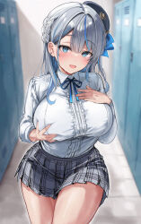 Rule 34 | 1girl, :d, absurdres, amagai ruka, beret, blue eyes, blue streaks, blurry, blurry background, blush, braid, breast suppress, breasts, commentary request, cowboy shot, dress shirt, frilled shirt, frills, grabbing own breast, grey hair, hat, head tilt, highres, indoors, large breasts, leaning forward, locker, locker room, long sleeves, looking at viewer, miniskirt, multicolored hair, neck ribbon, open mouth, paid reward available, plaid clothes, plaid skirt, ribbon, shirt, shirt tucked in, skirt, smile, solo, streaked hair, teeth, tilted headwear, upper teeth only, virtual youtuber, weather planet, white shirt, ya ta