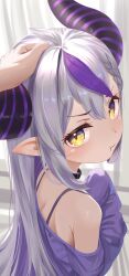 1girl 1other absurdres ahoge alternate_costume black_collar black_horns bra_strap braid braided_bangs closed_mouth collar commentary curtains double-parted_bangs grey_hair hair_between_eyes headpat highres hololive horns indoors la+_darknesss long_hair long_sleeves looking_at_viewer looking_back maverick_(mvk022) multicolored_hair pointy_ears pout pov pov_hands purple_hair purple_shirt shirt single_off_shoulder sleeves_past_fingers sleeves_past_wrists slit_pupils streaked_hair striped_horns two-tone_hair upper_body virtual_youtuber yellow_eyes