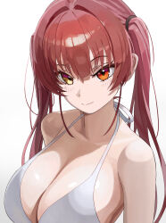 1girl bikini breasts cleavage closed_mouth dejideji heterochromia highres hololive houshou_marine large_breasts looking_at_viewer red_hair smile solo swimsuit twintails virtual_youtuber white_background white_bikini yellow_eyes