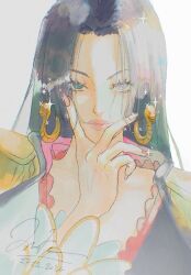 1girl black_hair boa_hancock closed_mouth commentary earrings epaulettes eyelashes highres jewelry long_hair long_sleeves looking_at_viewer melia_art one_piece one_piece:_stampede parted_lips pink_lips pink_nails sidelocks signature simple_background snake_earrings solo sparkle upper_body