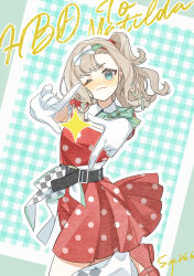 1girl ;3 aqua_background aqua_bow aqua_bowtie aqua_hairband belt black_belt blue_eyes bow bowtie character_name cowboy_shot dated dress finger_frame freckles gloves grey_hair hairband happy_birthday highres leg_up leg_warmers looking_at_viewer matilda_bouanich matilda_bouanich_(the_great_taste_investigator) official_alternate_costume one_eye_closed one_side_up outstretched_arms plaid_background polka_dot polka_dot_dress red_shoes reverse:1999 shoes short_dress solo sop_(sopdraws) sparkle white_gloves white_leg_warmers